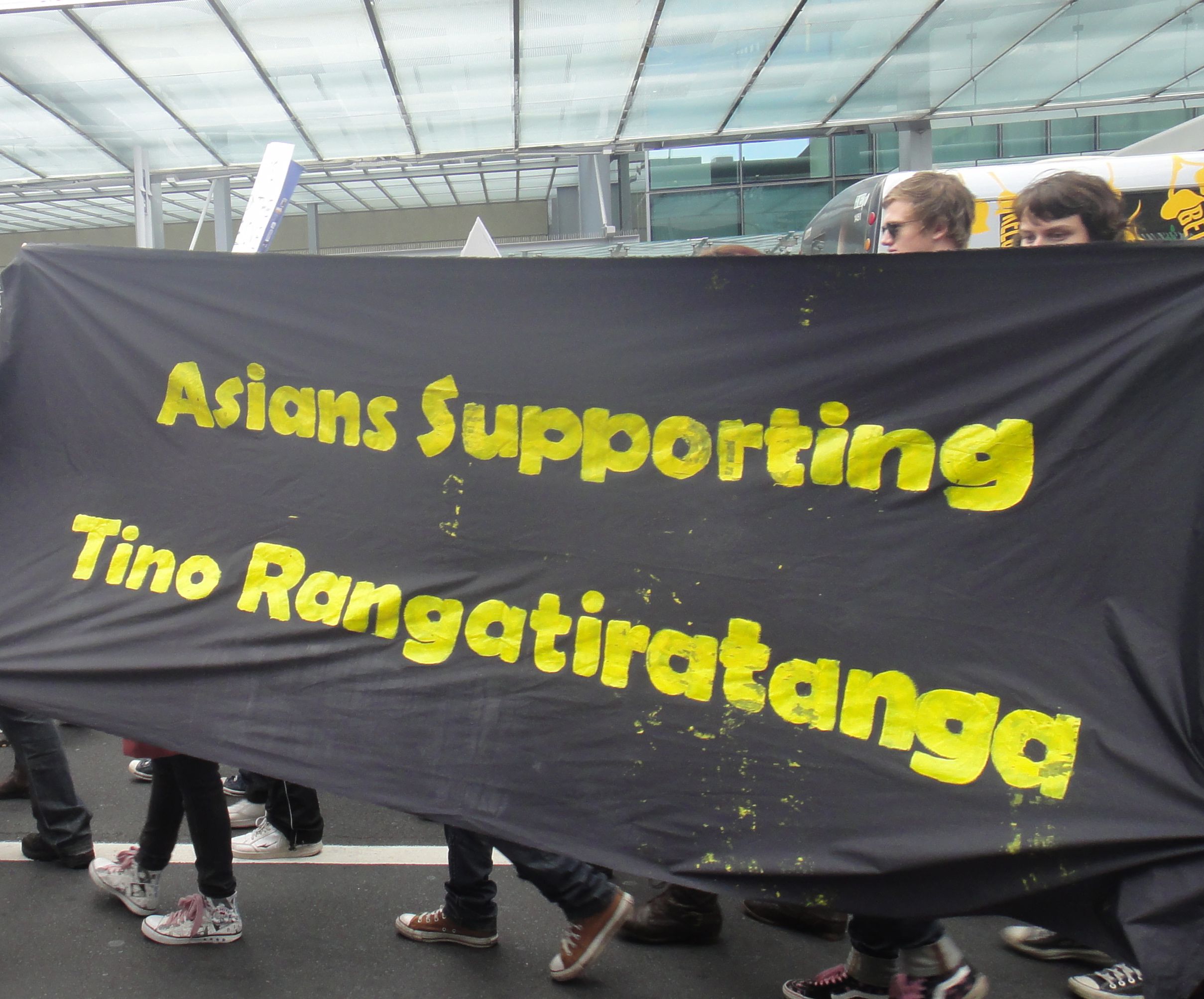 At the asset sales March in Auckland in April 2012. Banner by YAFA-Young Asian Feminists Aotearoa.