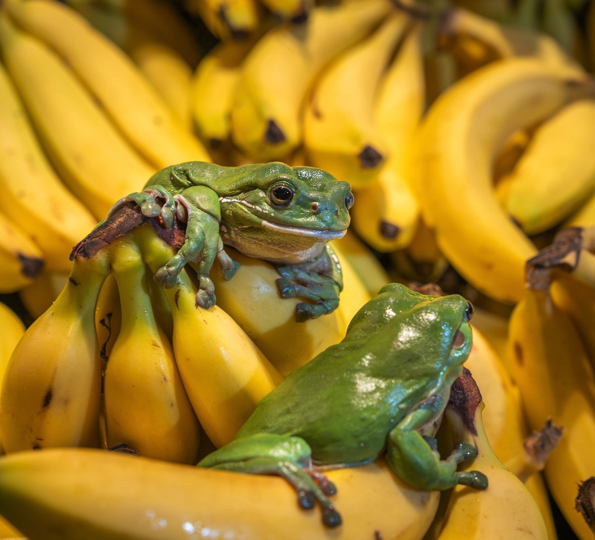 Photo of frog on a banana, to illustrate  a project called FrogID, which used citizen scientists to map the decline in Sydney of the iconic Australian Green Tree Frog (Litoria caerulea).